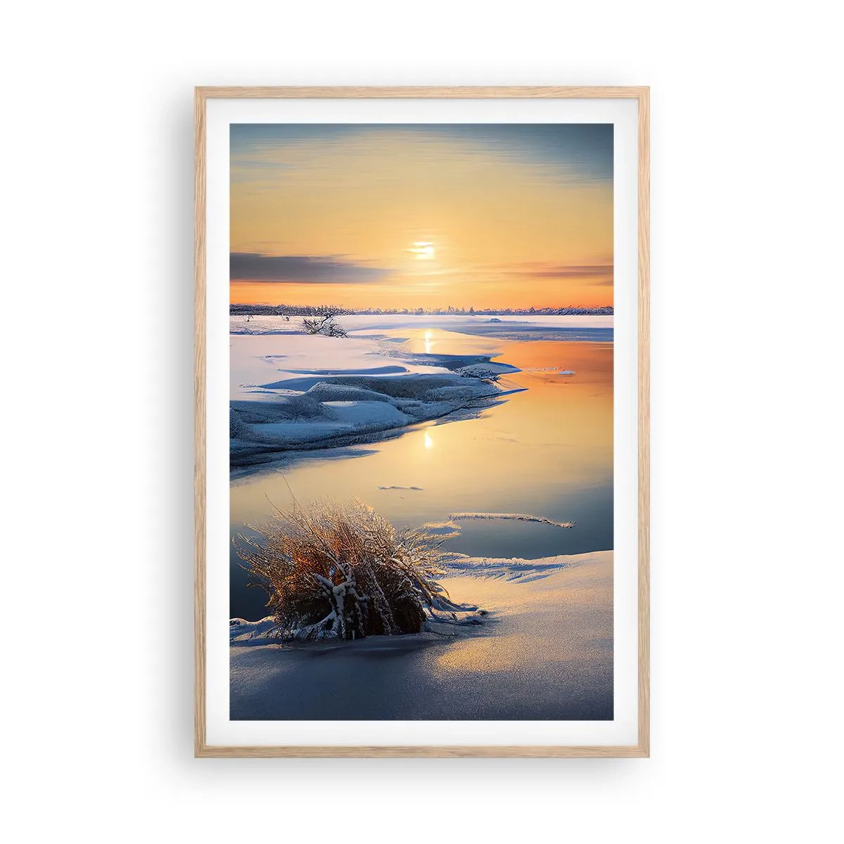 Plakat i ramme af lyst egetræ - Vintersolnedgang - 61x91 cm