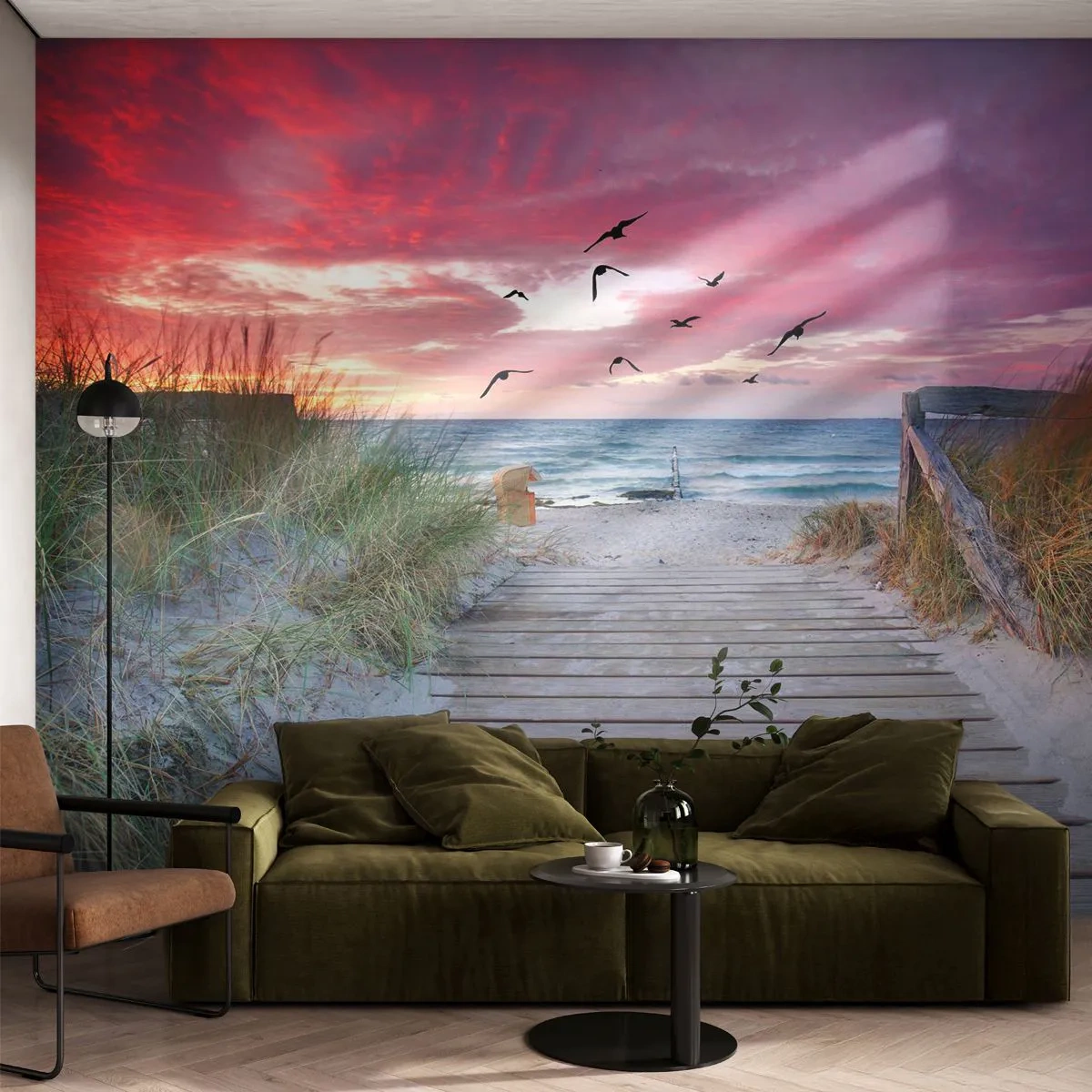 Fototapet Standard Eco - Træsti gennem klitterne, der fører til stranden ved solnedgang - 100x70cm - Baltisk indtryk - Moderne vægdekoration til stue og soveværelse ARTTOR