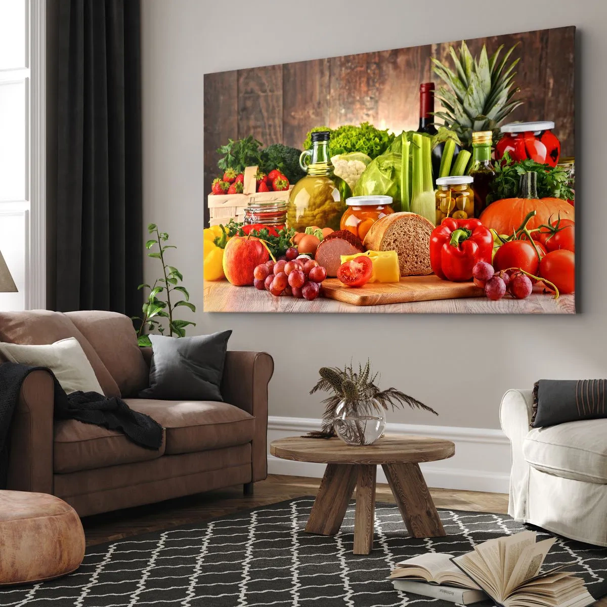 Lærredstryk - Billede på lærred - Farverige frugter, grøntsager og fødevarer - 70x50cm - Røget, ristet, marineret - Moderne vægdekoration til stue og soveværelse ARTTOR