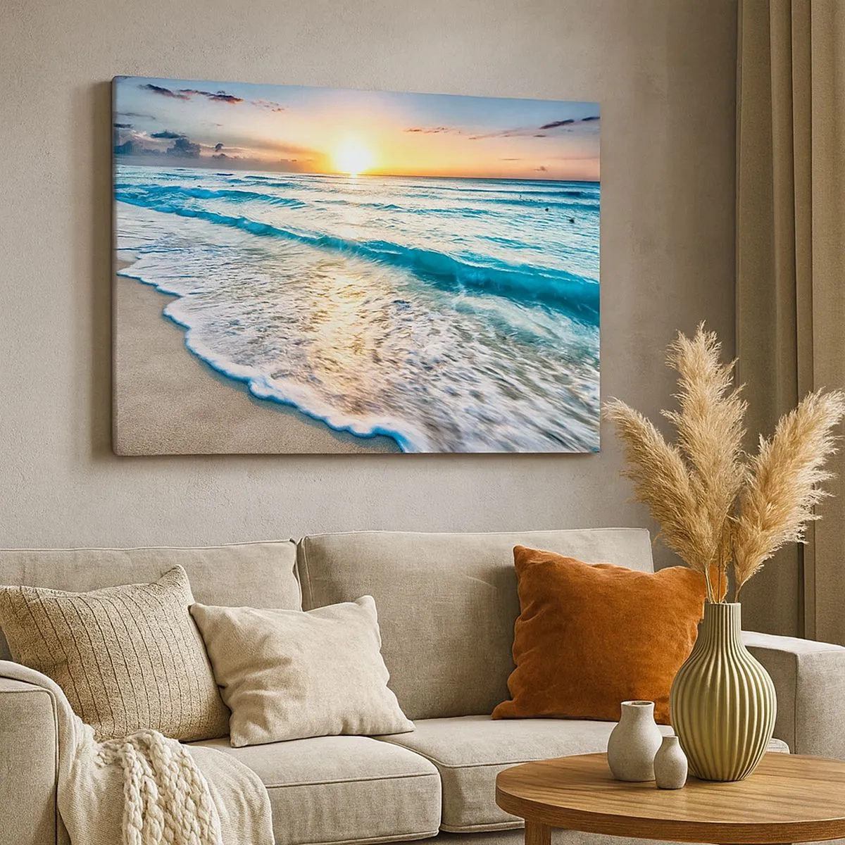 Lærredstryk - Billede på lærred - Solopgang over en stille strand med bølger - 70x50cm - Et synspunkt, der er værd at have - Moderne vægdekoration til stue og soveværelse ARTTOR