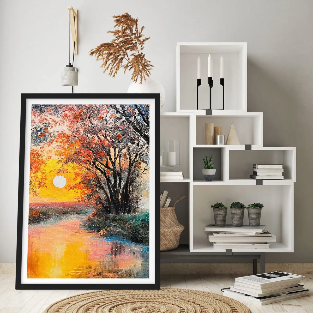 Plakat i sort ramme - Solnedgang over en flod med træer - 50x70cm - Efterårs atmosfære - Moderne vægdekoration til stue og soveværelse ARTTOR