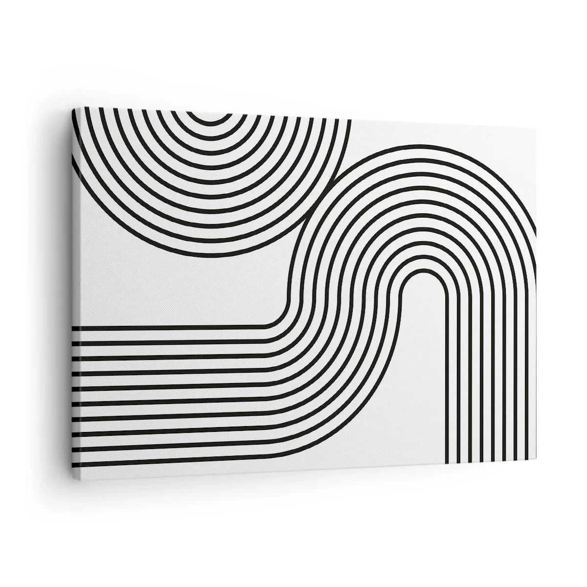 Lærredstryk - Billede på lærred - Et abstrakt maleri med sorte linjer, der skaber geometriske mønstre på en hvid baggrund. - 70x50cm - På en kurve - Moderne vægdekoration til stue og soveværelse ARTTOR