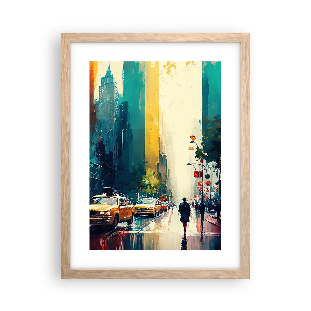 Plakat i ramme af lyst egetræ - New York - her er selv regnen farverig - 30x40 cm