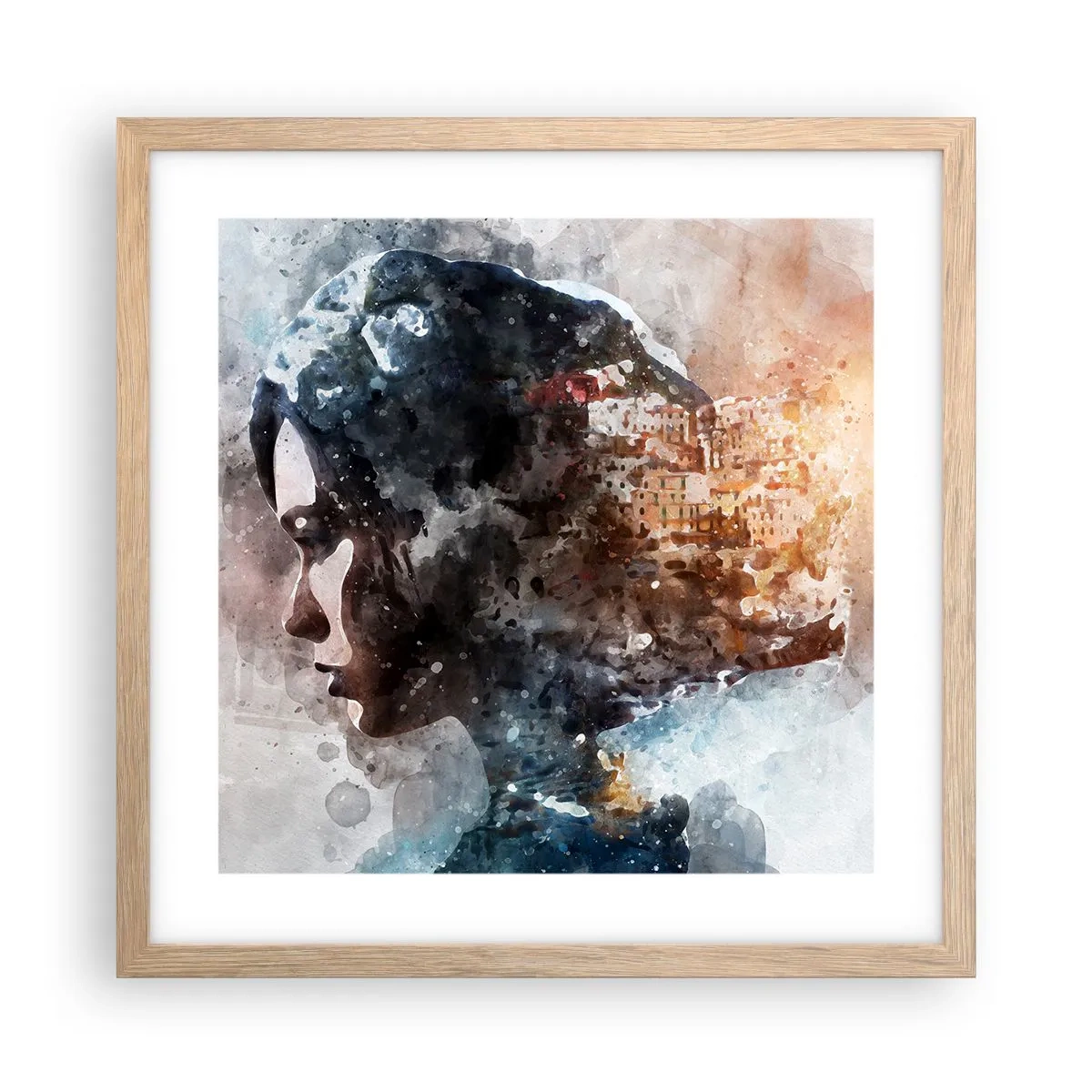 Plakat i ramme af lyst egetræ - Historien om en pige med en by i baggrunden - 40x40 cm