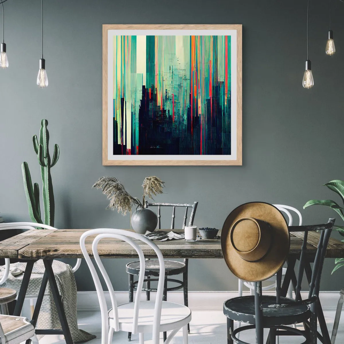 Plakat i ramme af lyst egetræ - Futuristisk by - 60x60 cm