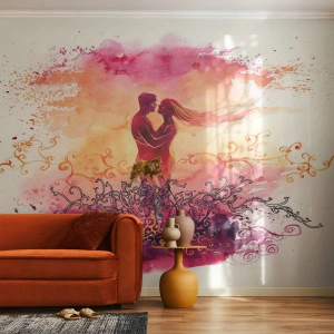 Fototapet Standard Eco - Silhuetter af et forelsket par i en akvarelramme - 100x70cm - Ét hjerte! Jeg har brug for så lidt... - Moderne vægdekoration til stue og soveværelse ARTTOR