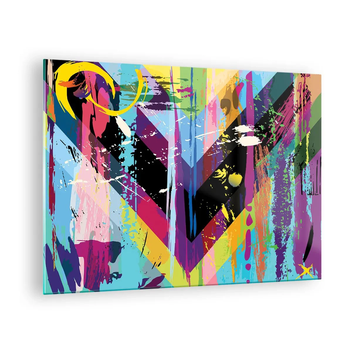 Billede på glas - Farverig abstraktion med dynamiske former og intense farver - 70x50cm - Fra top til bund - Moderne vægdekoration til stue og soveværelse ARTTOR
