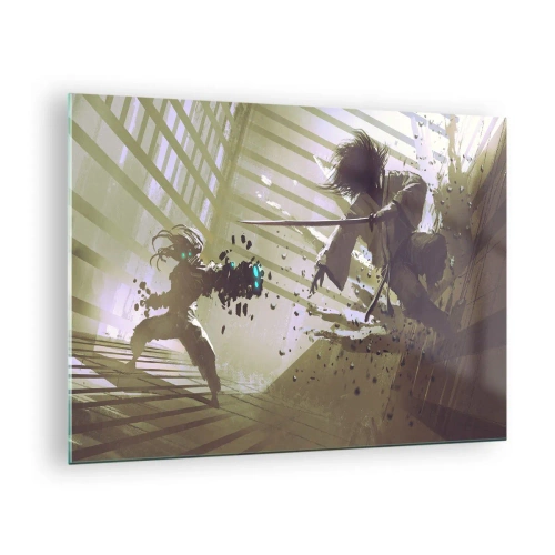 Billede på glas - Samurai-duel i en dynamisk scene - 70x50cm - Og du kan være en samurai - Moderne vægdekoration til stue og soveværelse ARTTOR