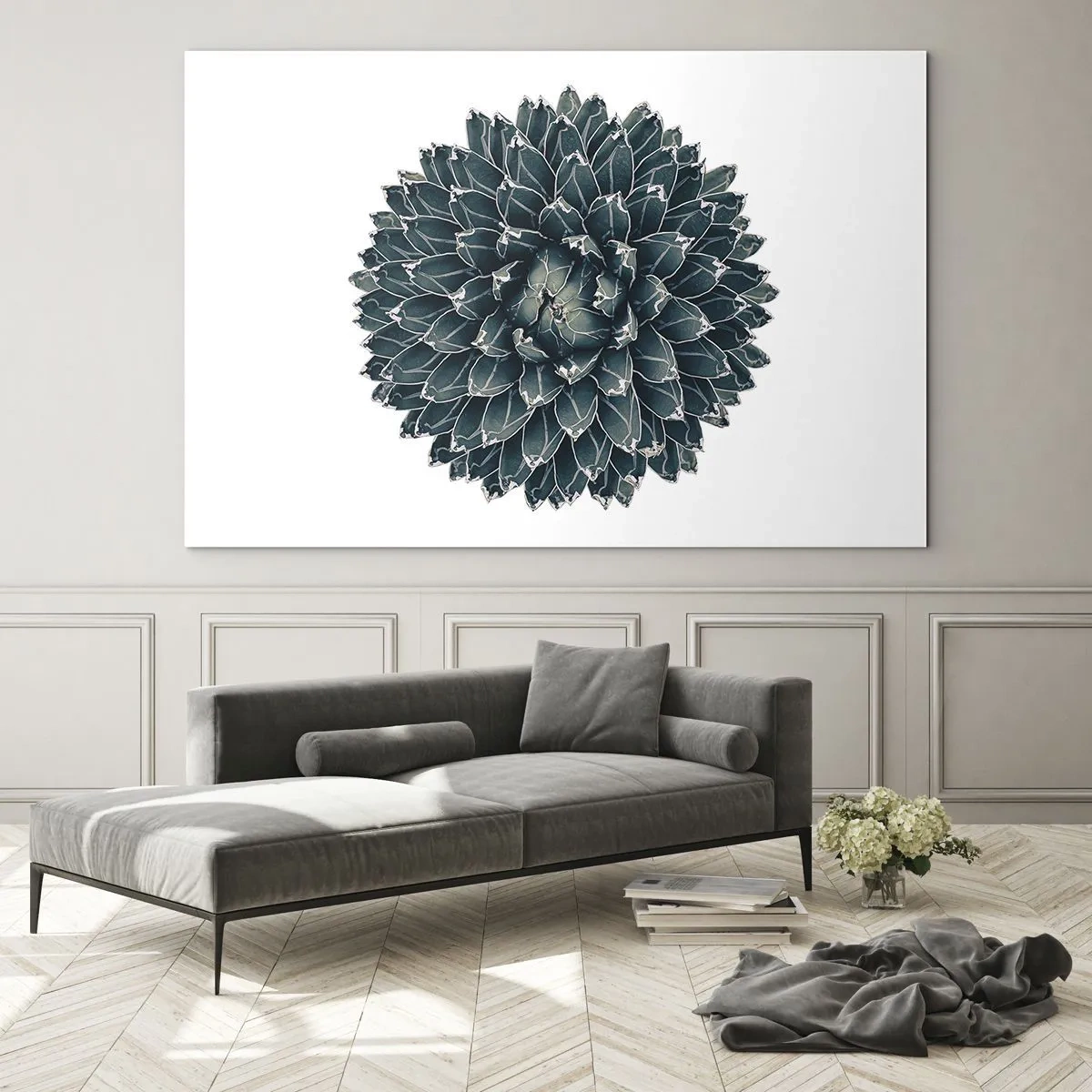 Billede på glas - Symmetrisk mønster af sukkulent plante på hvid baggrund - 70x50cm - Ørkenstjerne - Moderne vægdekoration til stue og soveværelse ARTTOR