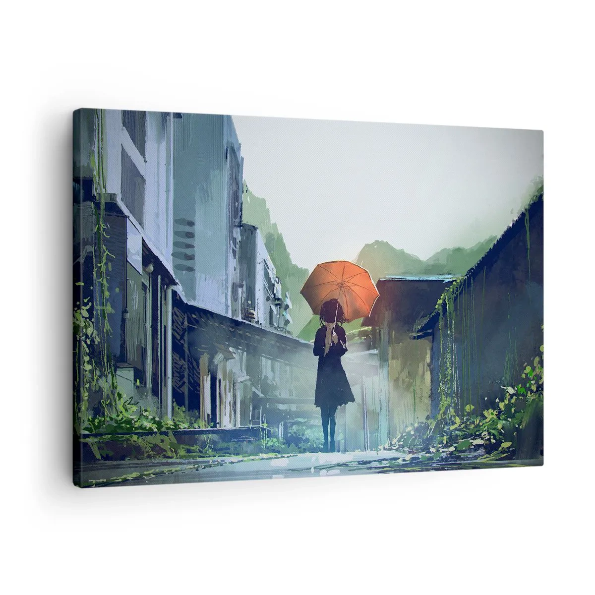 Lærredstryk - Billede på lærred - En figur med en paraply i en regnfuld by - 70x50cm - Revitaliserende regn - Moderne vægdekoration til stue og soveværelse ARTTOR