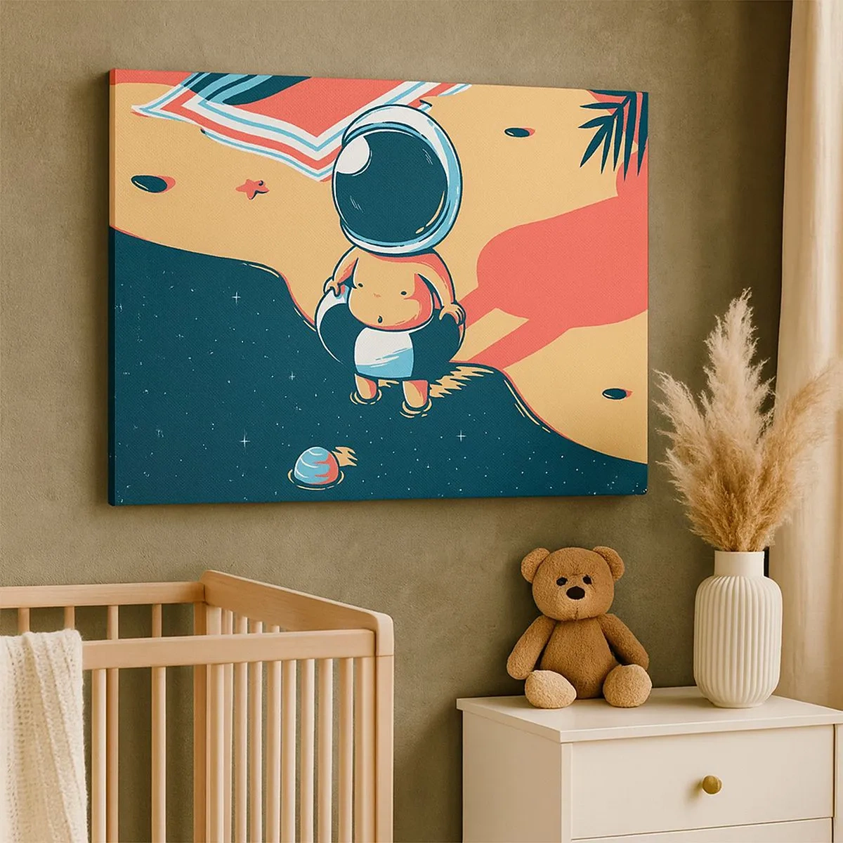Lærredstryk - Billede på lærred - Sjov astronaut på stranden med rumelementer i baggrunden - 70x50cm - Fra et andet perspektiv - Moderne vægdekoration til stue og soveværelse ARTTOR