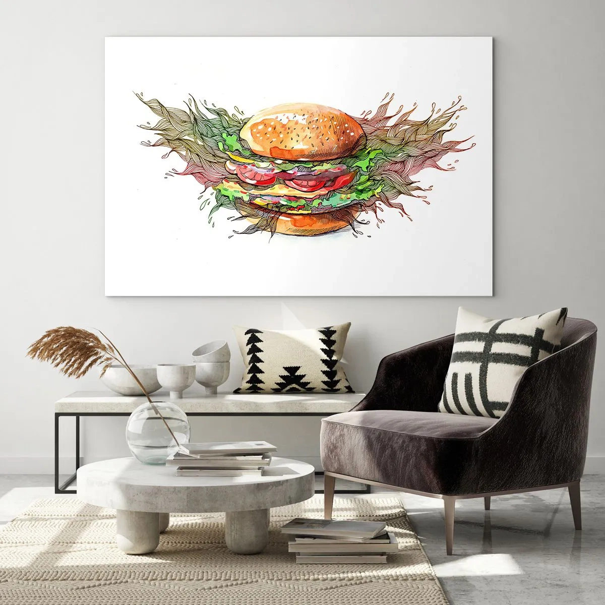 Billede på glas - Kunstnerisk tegning af en burger med akvareldetaljer - 70x50cm - Varm fristelse - Moderne vægdekoration til stue og soveværelse ARTTOR
