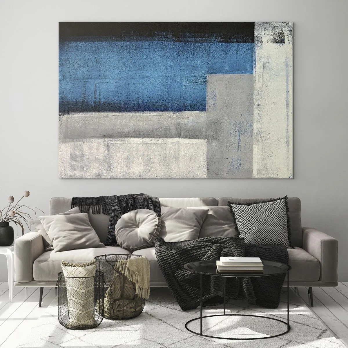 Billede på glas - Geometrisk abstraktion i blå, grå og hvid - 70x50cm - Poetisk komposition af grå og blå - Moderne vægdekoration til stue og soveværelse ARTTOR