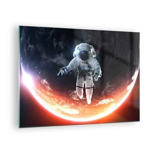 Billede på glas - Astronaut i rummet med en planet i baggrunden - 70x50cm - Må jeg blive lidt længere? - Moderne vægdekoration til stue og soveværelse ARTTOR