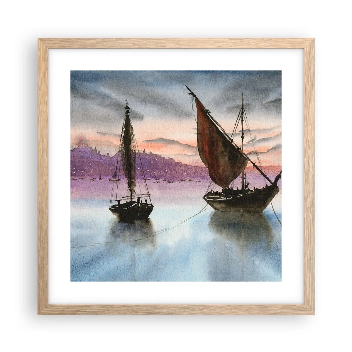 Plakat i ramme af lyst egetræ - Aften i havnen - 40x40 cm