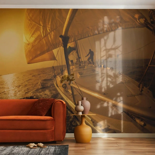 Fototapet Standard Eco - En gylden aften efter en broget dag - Maritime studier, Sejlbåd, Rejser - 500x350 cm
