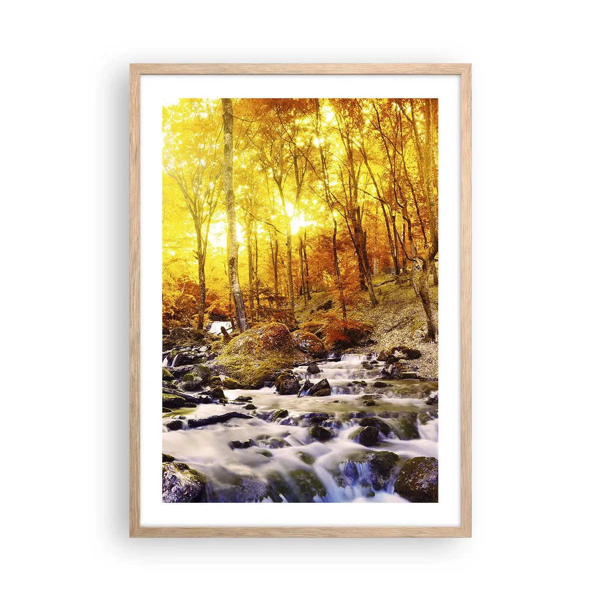 Plakat i ramme af lyst egetræ - Sten indfattet i guld og platin - 50x70 cm