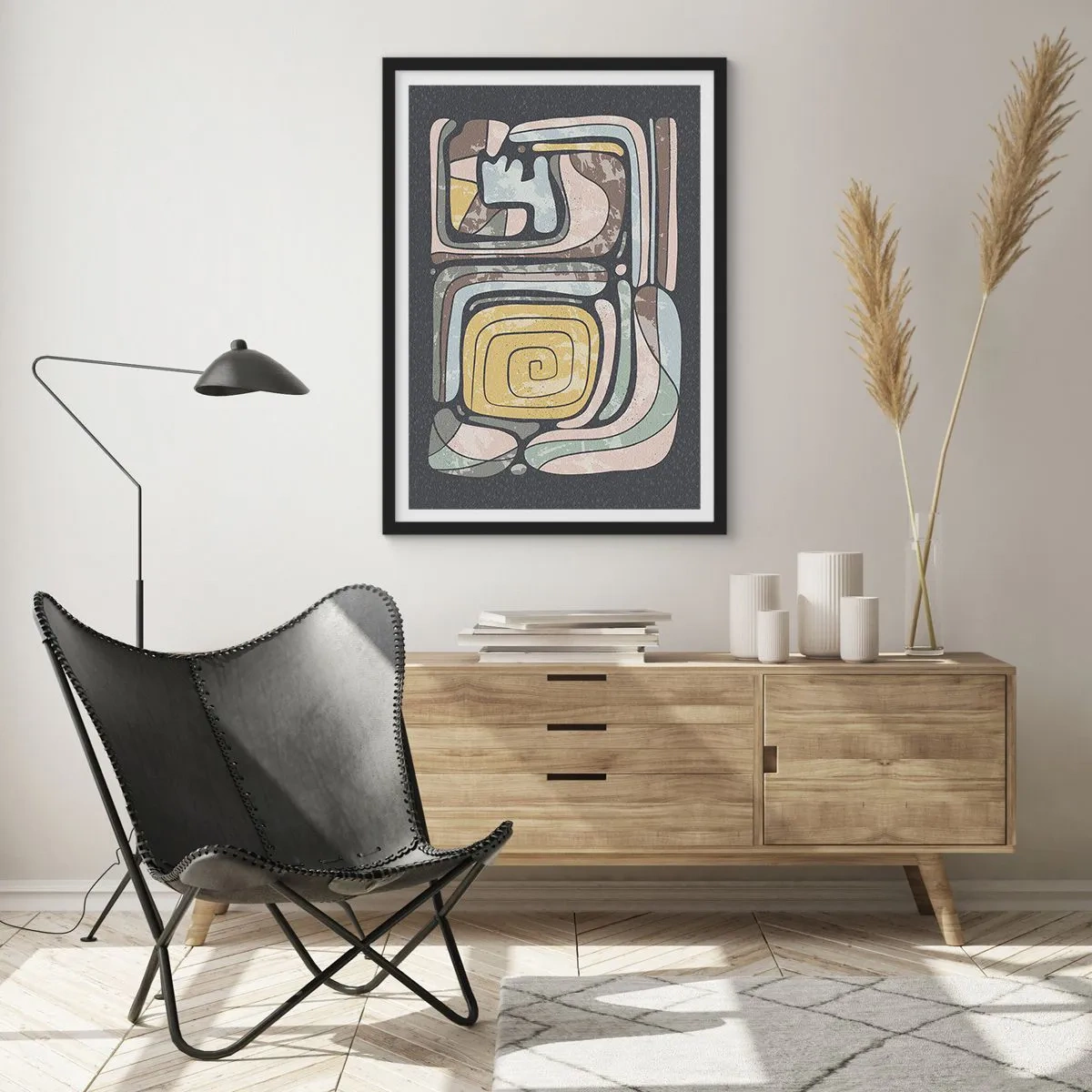 Plakat i sort ramme - Abstrakt kunstværk med geometriske mønstre i jordfarver - 50x70cm - Abstraktion i en præcolumbiansk ånd - Moderne vægdekoration til stue og soveværelse ARTTOR