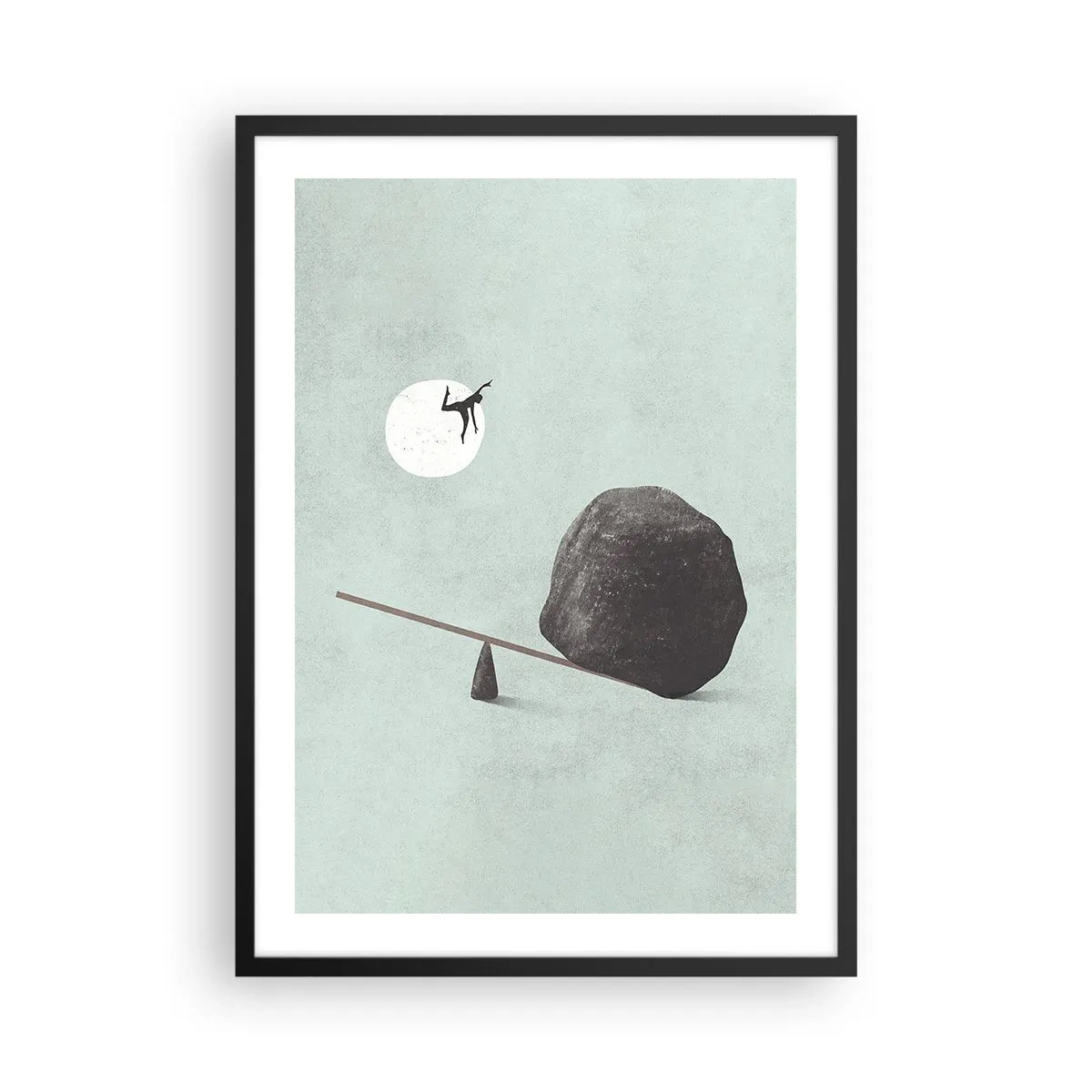 Plakat i sort ramme - En minimalistisk skala med en sten og en figur mod månens baggrund - 50x70cm - En drøm går i opfyldelse - Moderne vægdekoration til stue og soveværelse ARTTOR