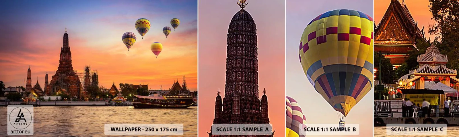 Prøve Fototapet Selvklæbende Deluxe Sticker - Det er her, eventyrene bliver født - Bangkok, Daggryets tempel, Thailand - 100x30 cm