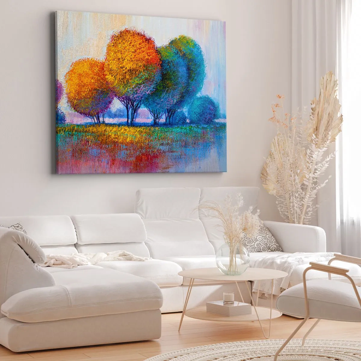Lærredstryk - Billede på lærred - Farverige træer i et impressionistisk landskab - 70x50cm - En klump af piskende farver - Moderne vægdekoration til stue og soveværelse ARTTOR