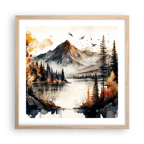Plakat i ramme af lyst egetræ - Gyldent efterår i bjergene - 50x50 cm