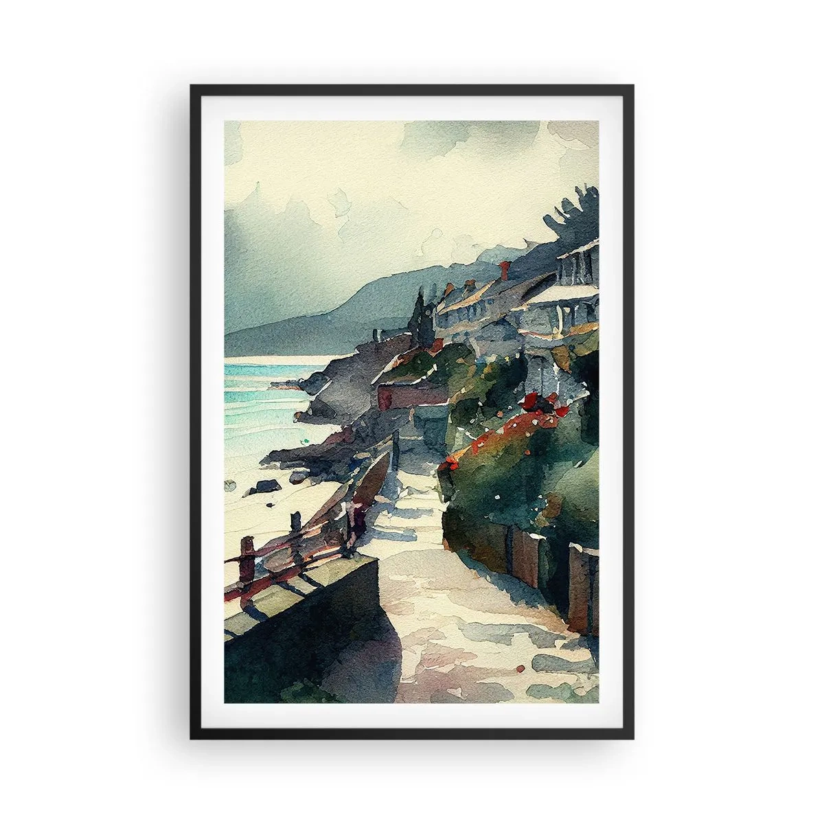 Plakat i sort ramme - Middelhavsby - 61x91 cm