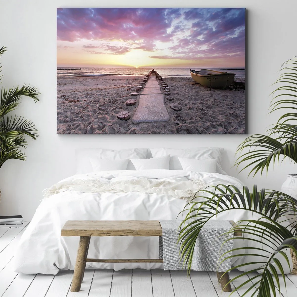 Lærredstryk - Billede på lærred - Solopgangsstrand med båd og mole - 70x50cm - Et øjeblik med en dybtgående oplevelse - Moderne vægdekoration til stue og soveværelse ARTTOR