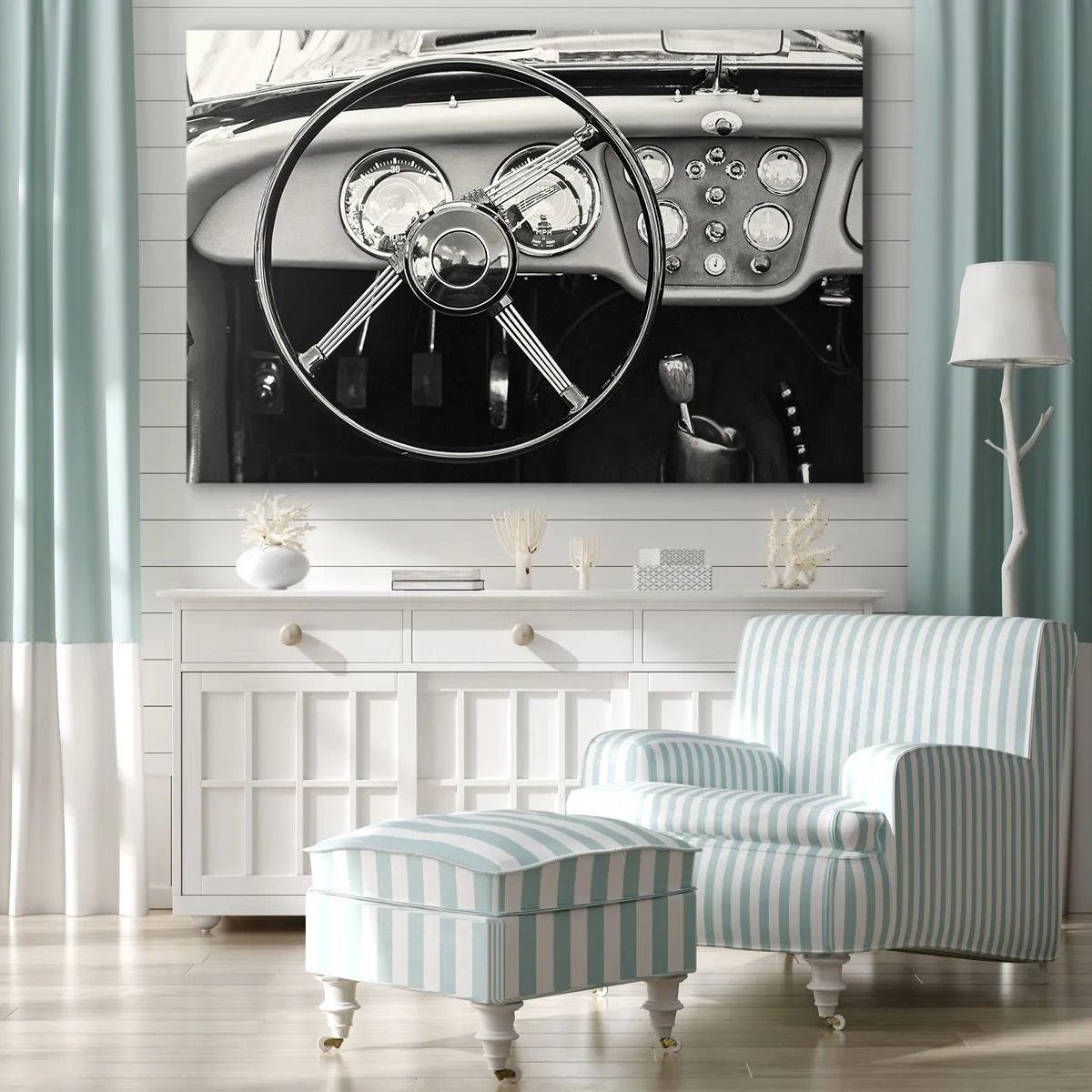 Lærredstryk - Billede på lærred - Sort og hvidt interiør i en klassisk bil - 70x50cm - En drøm for samlere - Moderne vægdekoration til stue og soveværelse ARTTOR