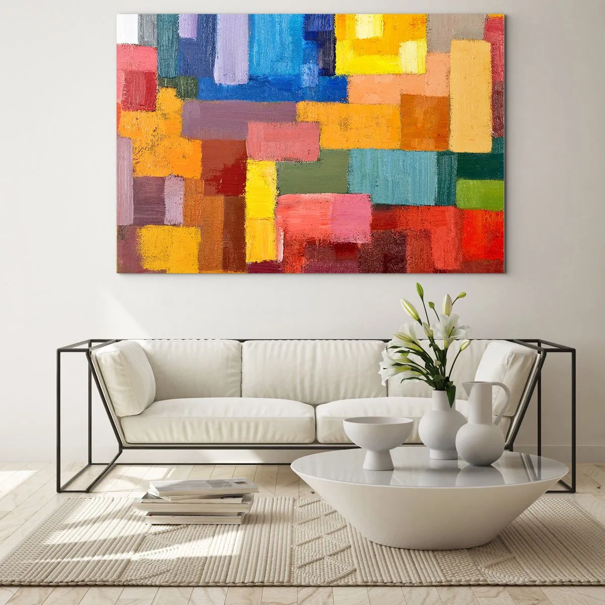 Billede på glas - Abstrakt komposition af farvede rektangler - 70x50cm - Hver især forskellige, alle farverige - Moderne vægdekoration til stue og soveværelse ARTTOR