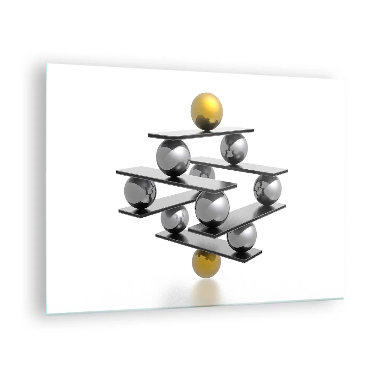 Billede på glas - Geometrisk komposition med bolde og platforme på en hvid baggrund - 70x50cm - Guld-sølv-balancen - Moderne vægdekoration til stue og soveværelse ARTTOR