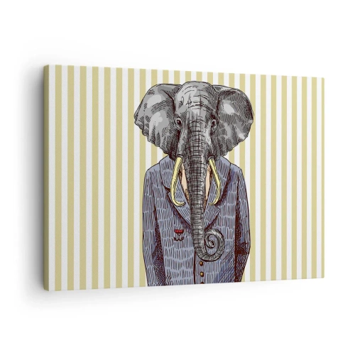 Lærredstryk - Billede på lærred - En elefant i jakkesæt mod en baggrund af beige striber - 70x50cm - Elegant af natur - Moderne vægdekoration til stue og soveværelse ARTTOR