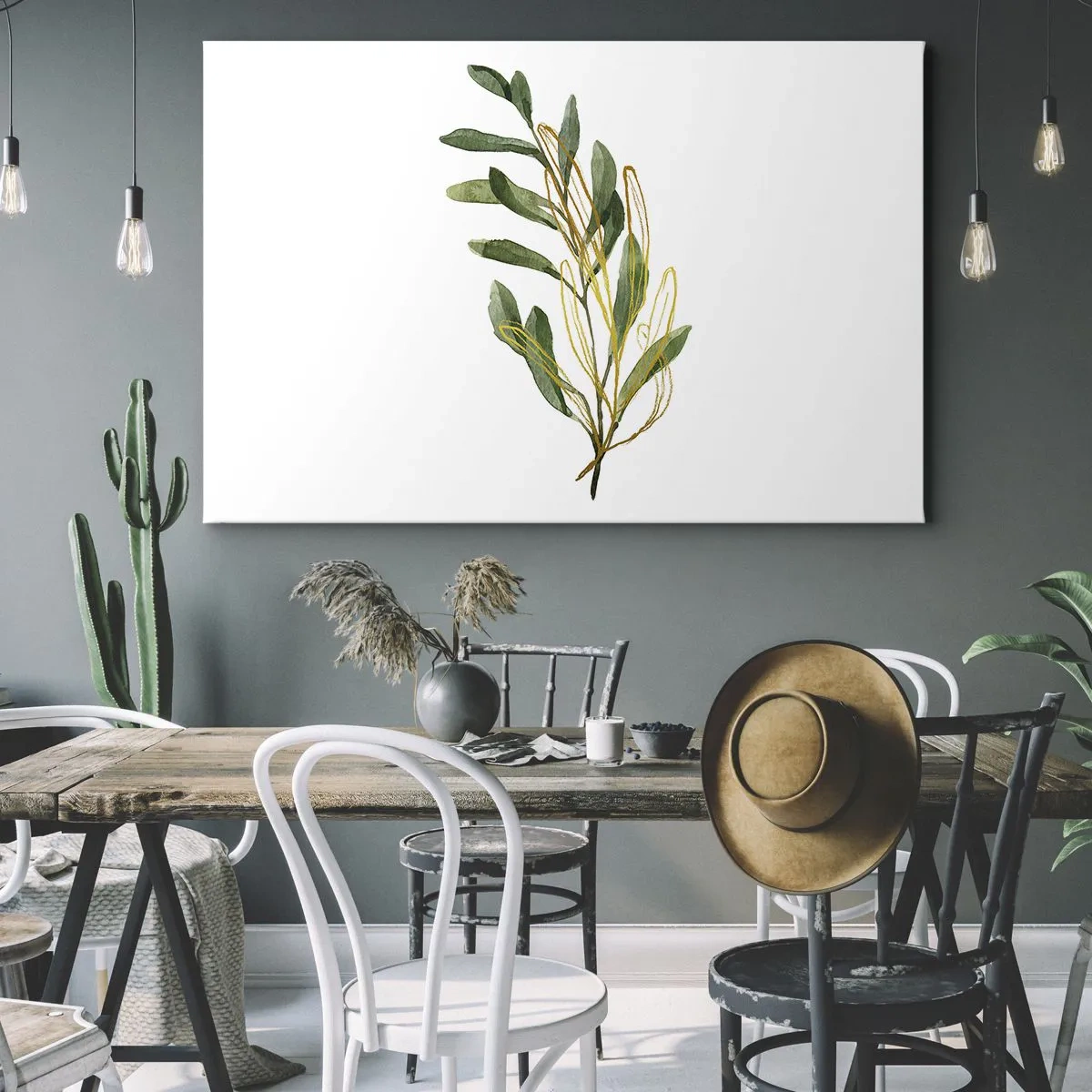 Lærredstryk - Billede på lærred - Grøn gren med blade på en hvid baggrund - 70x50cm - Alt, hvad der er godt - Moderne vægdekoration til stue og soveværelse ARTTOR