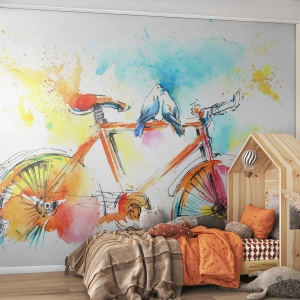 Fototapet Premium Sand - To på en cykel - Abstraktion, Cykel, Fugle - 200x140 cm
