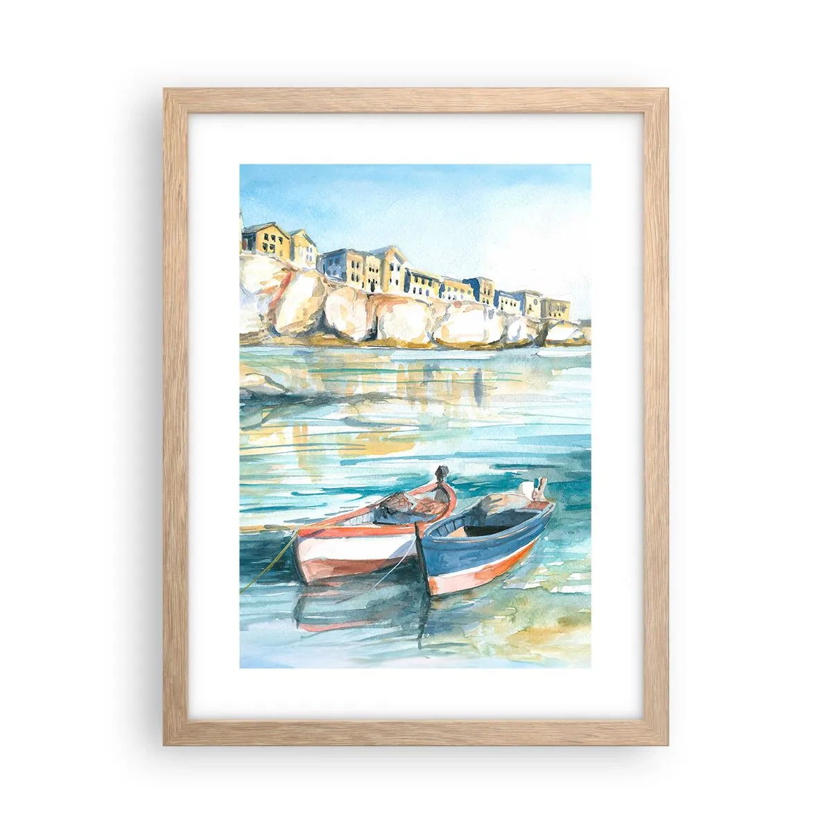 Plakat i ramme af lyst egetræ - Landskab i azurblå - 30x40 cm