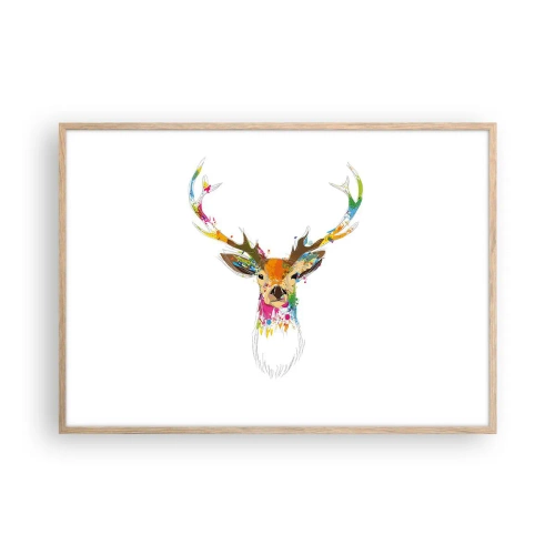 Plakat i ramme af lyst egetræ - Blid kronhjort badet i farver - 100x70 cm