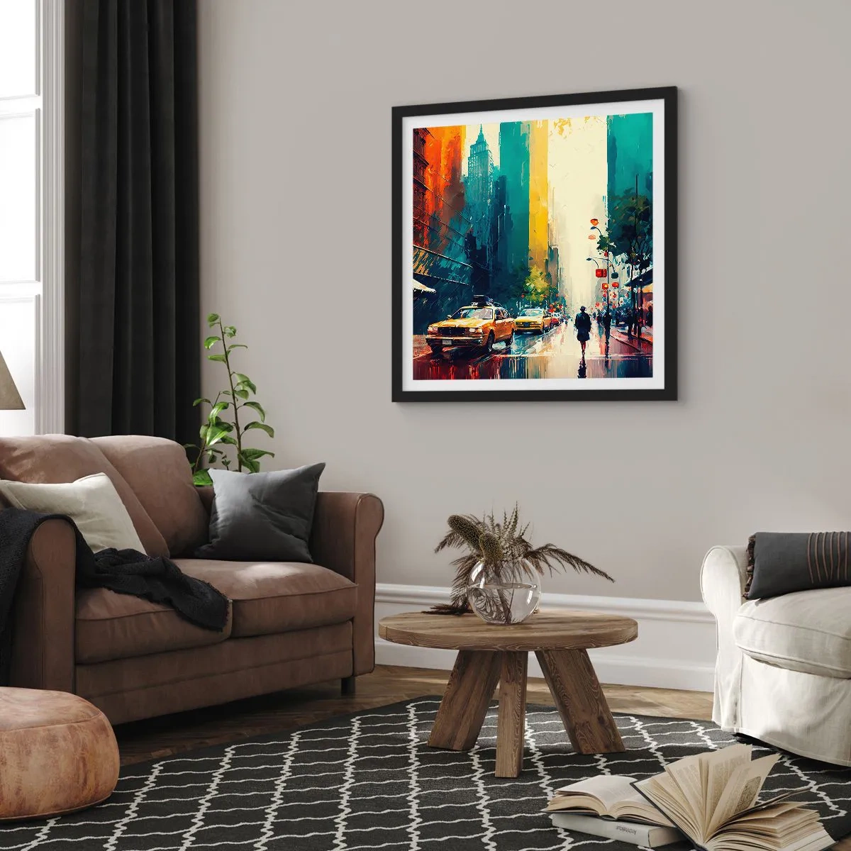 Plakat i sort ramme - New York - her er selv regnen farverig - 30x30 cm