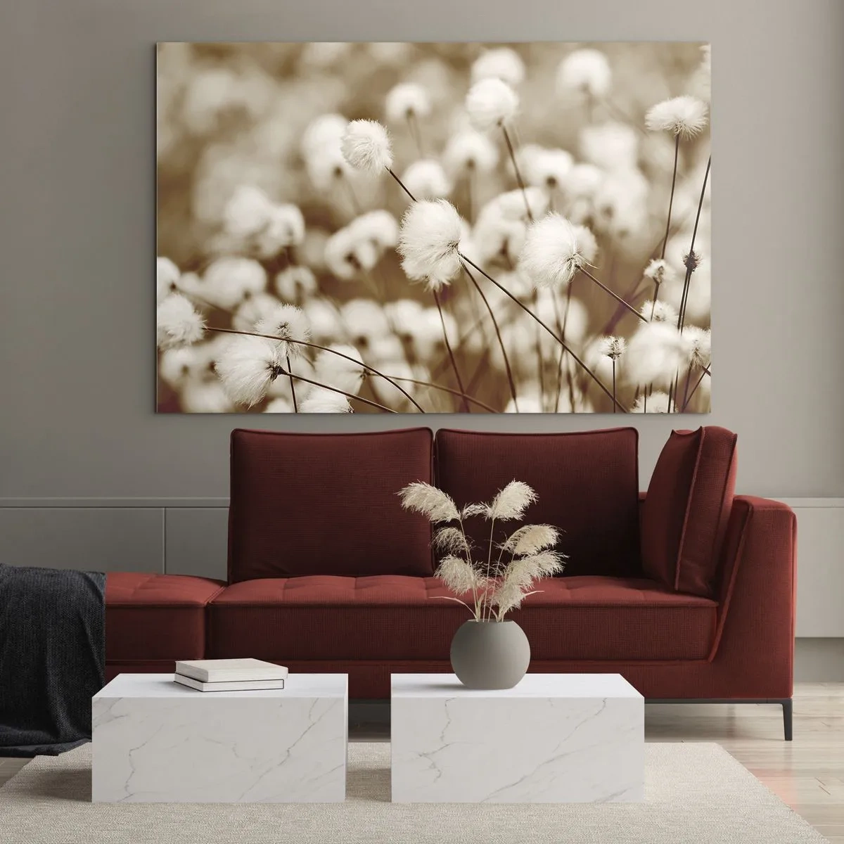 Billede på glas - En mark med luftigt græs i sepia nuancer - 70x50cm - Fyldig mark - Moderne vægdekoration til stue og soveværelse ARTTOR