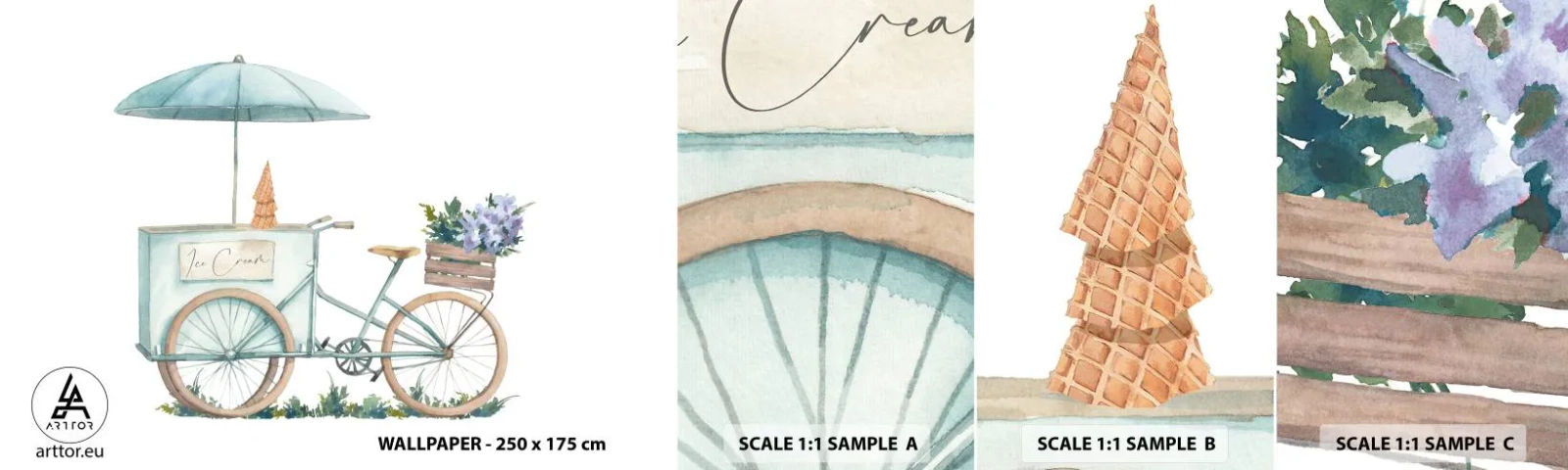 Fototapet Prøve Standard Eco - Sødt minde om sommeren - Pastel, Is, Cykel - 100x30 cm