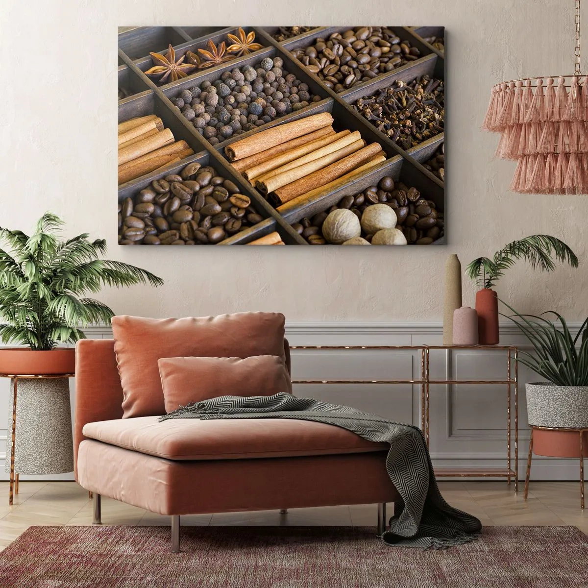 Lærredstryk - Billede på lærred - Krydderier og kaffe i trærum - 70x50cm - Et skatkammer af aromaer - Moderne vægdekoration til stue og soveværelse ARTTOR