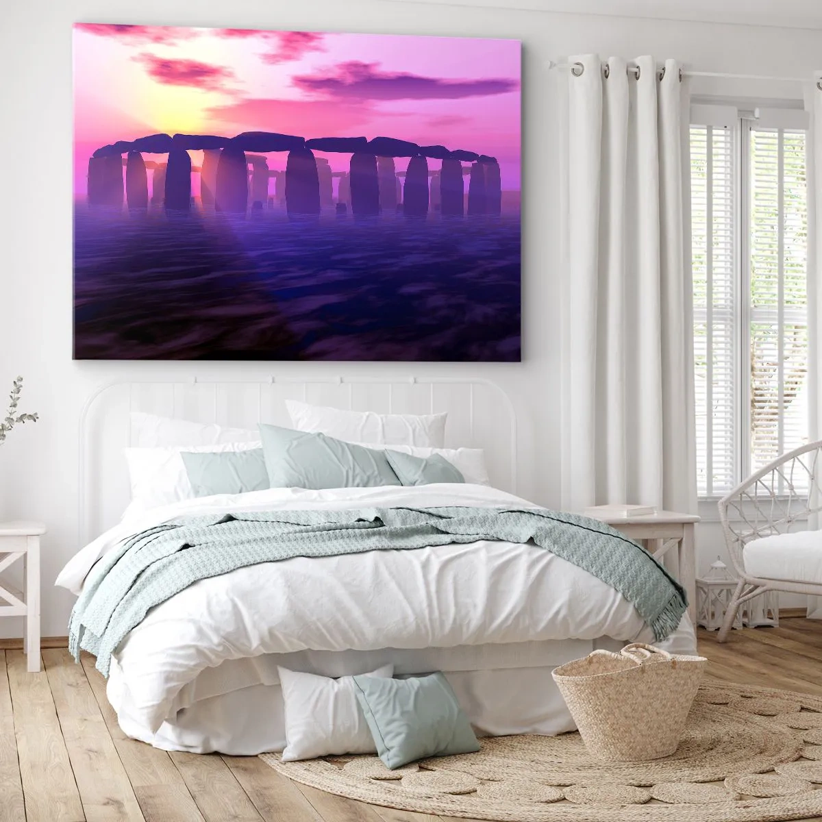 Lærredstryk - Billede på lærred - Stencirkel ved solnedgang med en lilla himmel - 70x50cm - Mystik ved daggry i tågen - Moderne vægdekoration til stue og soveværelse ARTTOR