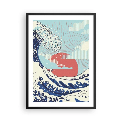 Plakat i sort ramme - Japansk-inspireret grafisk bølge med en rød sol - 50x70cm - Fra japanske inspirationer - Moderne vægdekoration til stue og soveværelse ARTTOR