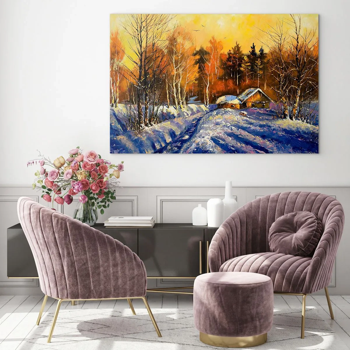 Billede på glas - Vinterlandskab med et træhus ved solnedgang - 70x50cm - Vinterindtryk i solen - Moderne vægdekoration til stue og soveværelse ARTTOR