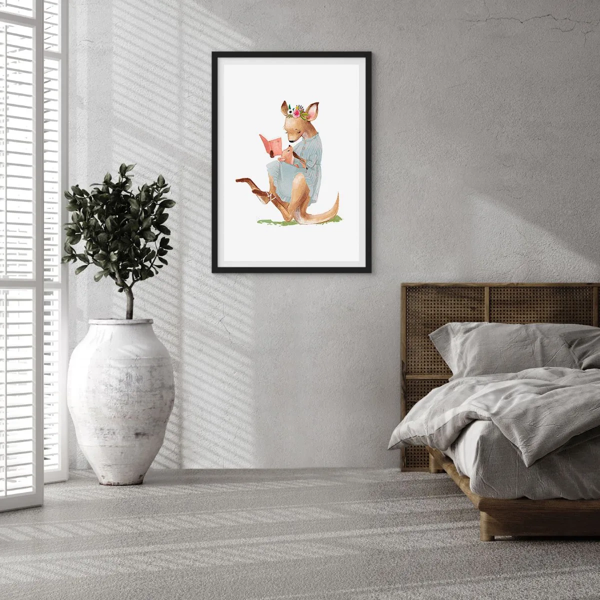 Plakat i sort ramme - En kænguru læser en bog med et barn i en kunstnerisk stil. - 50x70cm - Læs for mig, mor - Moderne vægdekoration til stue og soveværelse ARTTOR