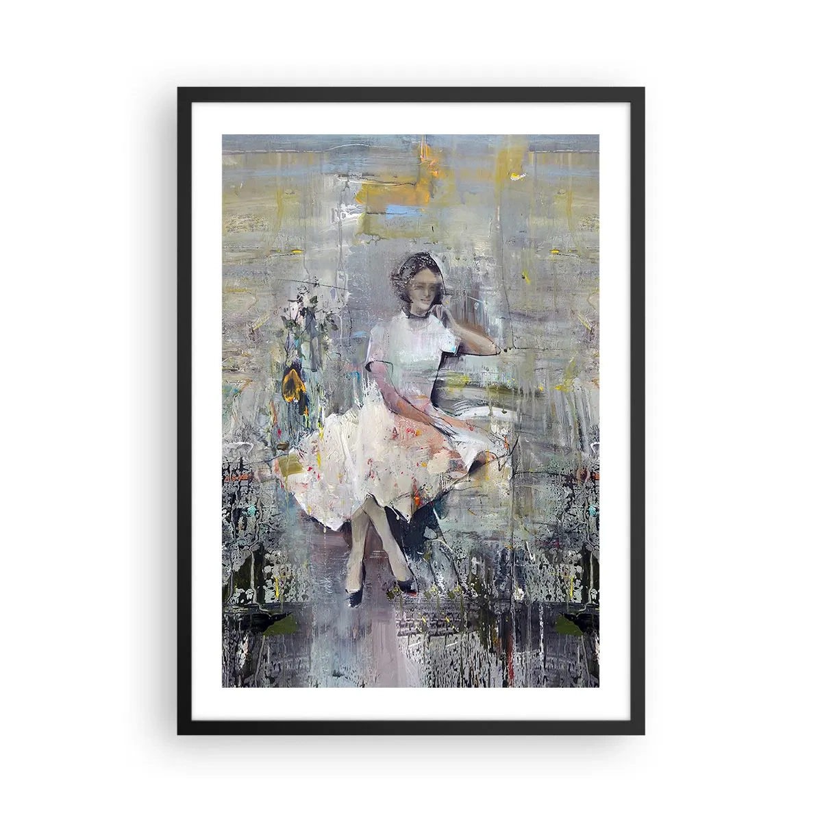 Plakat i sort ramme - Abstrakt figur af en kvinde i kjole mod en tekstureret baggrund - 50x70cm - Klassisk og moderne - Moderne vægdekoration til stue og soveværelse ARTTOR