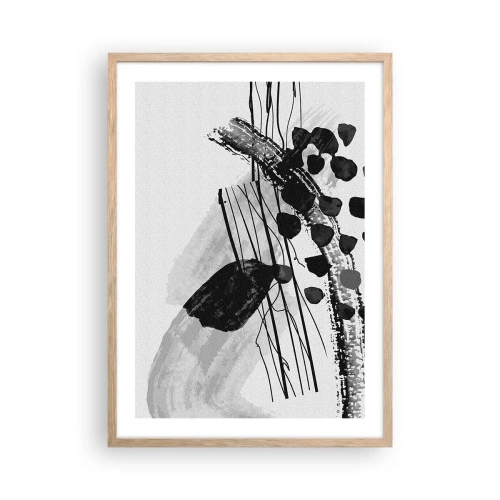 Plakat i ramme af lyst egetræ - Sort og hvid organisk abstraktion - 50x70 cm