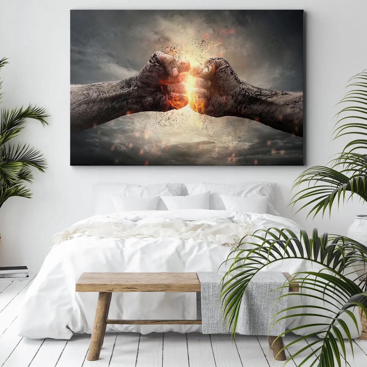 Lærredstryk - Billede på lærred - Knugte næver i en dynamisk brandscene - 70x50cm - Stå op til kamp - Moderne vægdekoration til stue og soveværelse ARTTOR