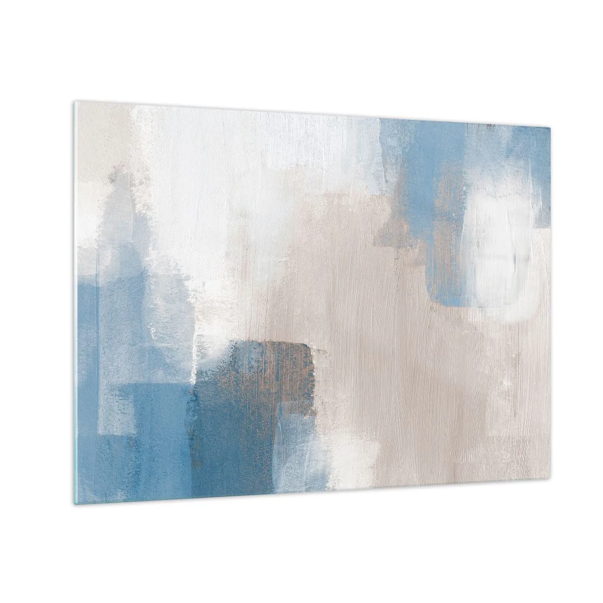Billede på glas - Beige og blå abstraktion i pastelfarver - 70x50cm - Lyserød abstraktion bag et slør af blåt - Moderne vægdekoration til stue og soveværelse ARTTOR