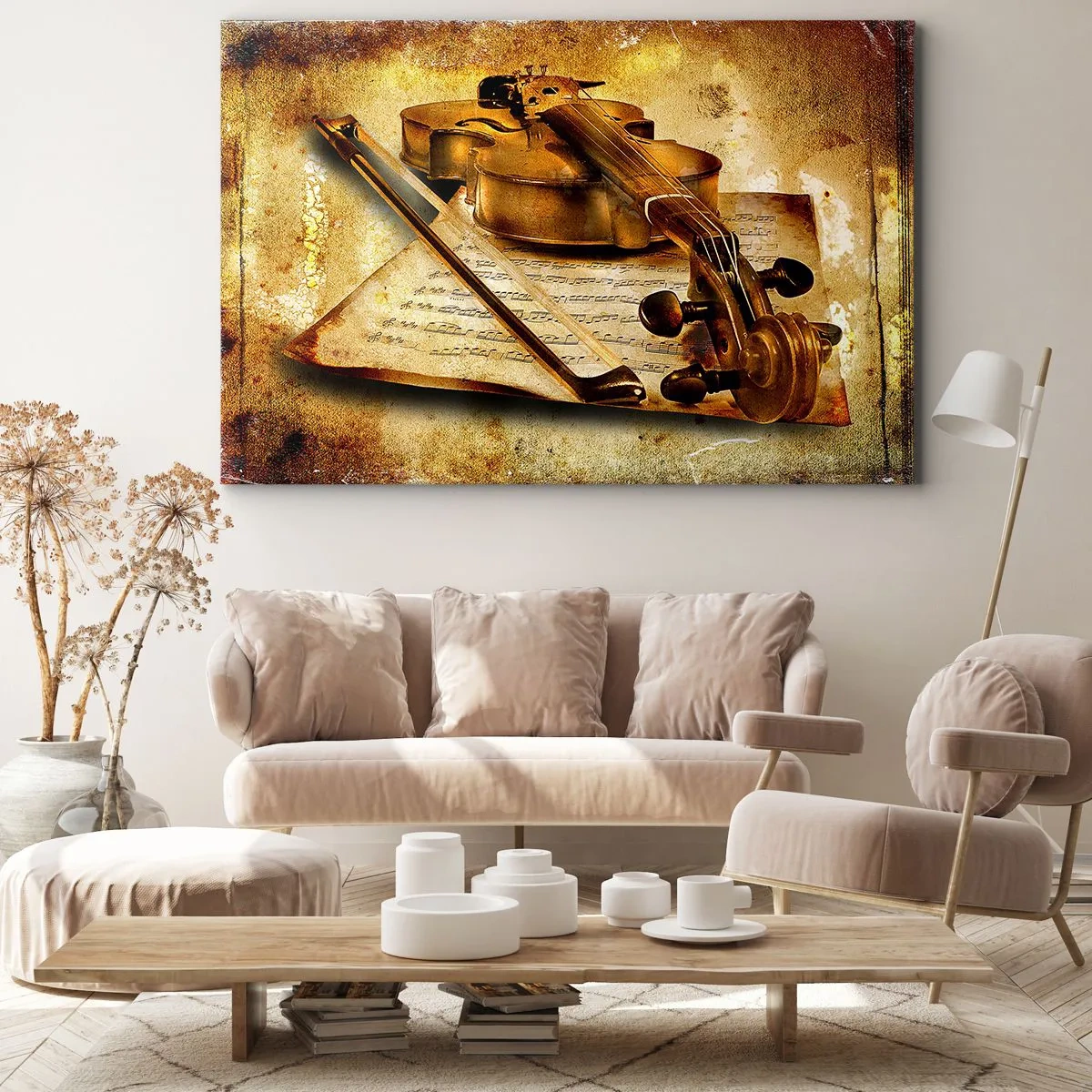 Lærredstryk - Billede på lærred - En violin med noder mod en vintage baggrund i varme toner - 70x50cm - Virtuos søges omgående - Moderne vægdekoration til stue og soveværelse ARTTOR