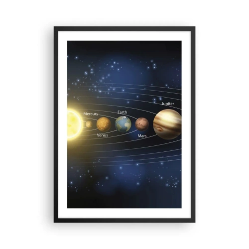 Plakat i sort ramme - Solsystemet med planeter mod en baggrund af stjerner - 50x70cm - En ud af ti - Moderne vægdekoration til stue og soveværelse ARTTOR